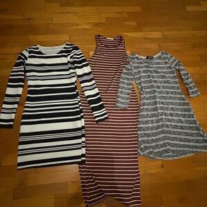 Striped Dress Lot—Black/White, Maroon/White, and Gray/White